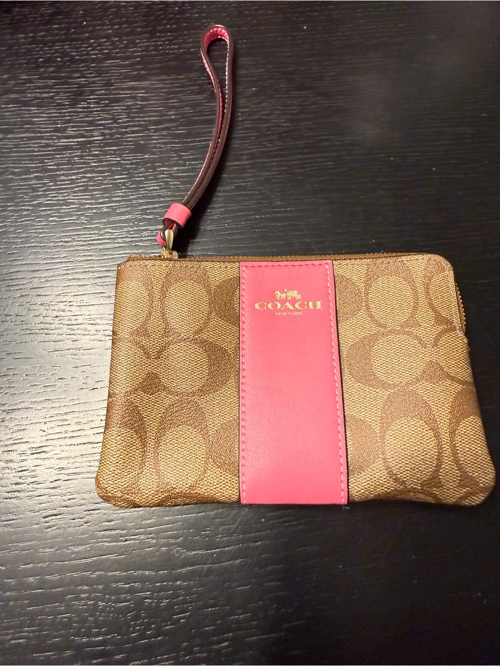 Coach Brown Signature Wristlet with Pink Center Stripe
